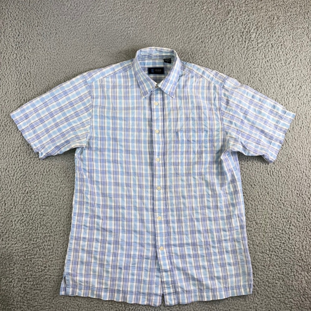 Izod Jeans Button Front Shirt Men Medium Blue‎ Plaid Short Sleeve Pocket Y2K